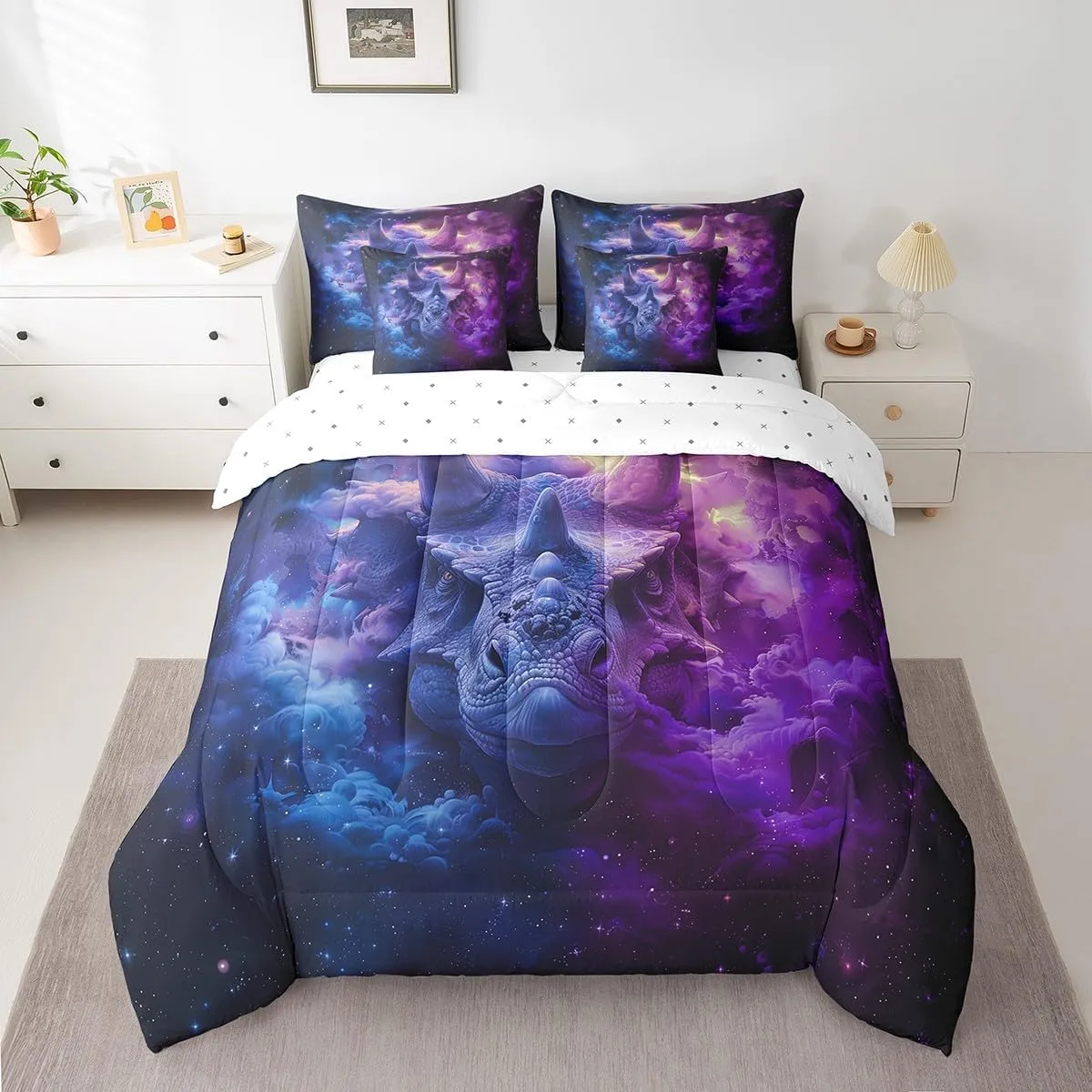 Erosebridal Rhinoceros Bed in a Bag King Size Comforter Set 7 Pieces Blue Purple Fog Sheet Set with Comforter,Goth Wild Animals Bedding Sets,Exotic Wildlife Rhino Bed Set,Boho Room Decor
