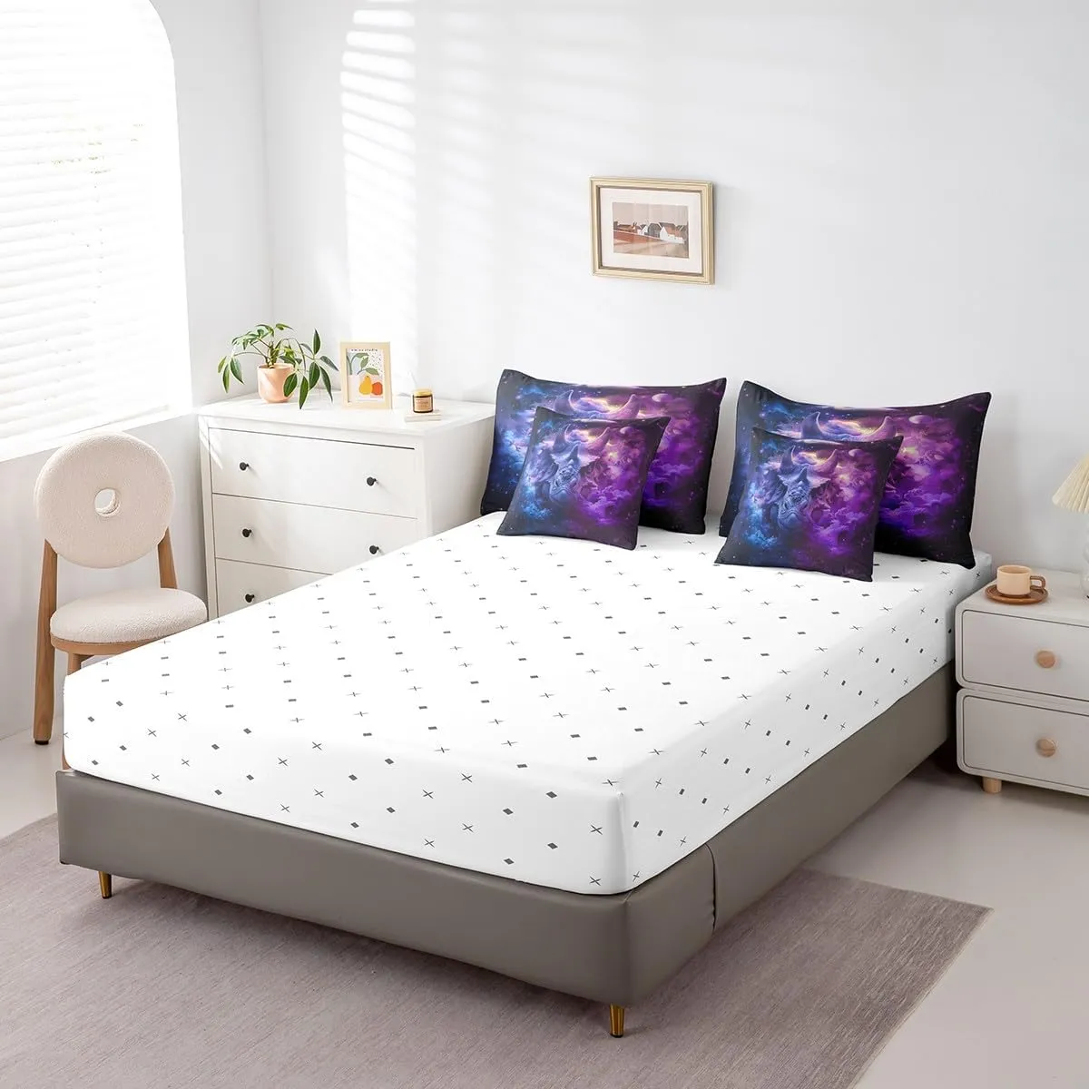 Erosebridal Rhinoceros Bed in a Bag King Size Comforter Set 7 Pieces Blue Purple Fog Sheet Set with Comforter,Goth Wild Animals Bedding Sets,Exotic Wildlife Rhino Bed Set,Boho Room Decor