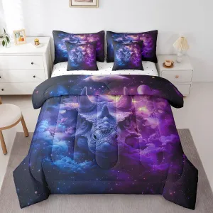 Erosebridal Rhinoceros Bed in a Bag King Size Comforter Set 7 Pieces Blue Purple Fog Sheet Set with Comforter,Goth Wild Animals Bedding Sets,Exotic Wildlife Rhino Bed Set,Boho Room Decor
