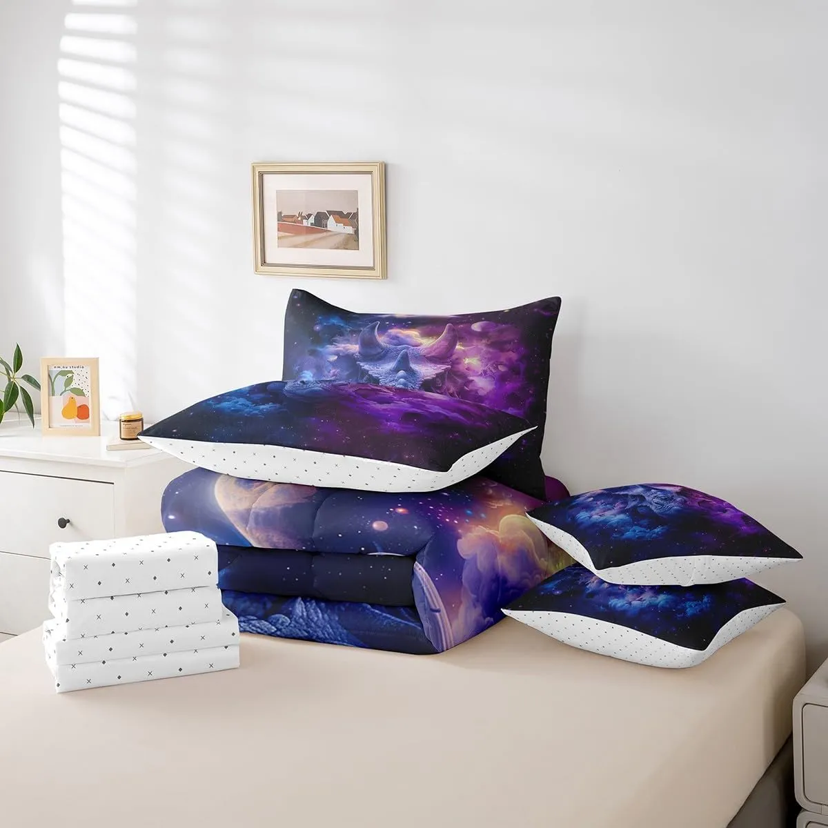 Erosebridal Rhinoceros Bed in a Bag King Size Comforter Set 7 Pieces Blue Purple Fog Sheet Set with Comforter,Goth Wild Animals Bedding Sets,Exotic Wildlife Rhino Bed Set,Boho Room Decor