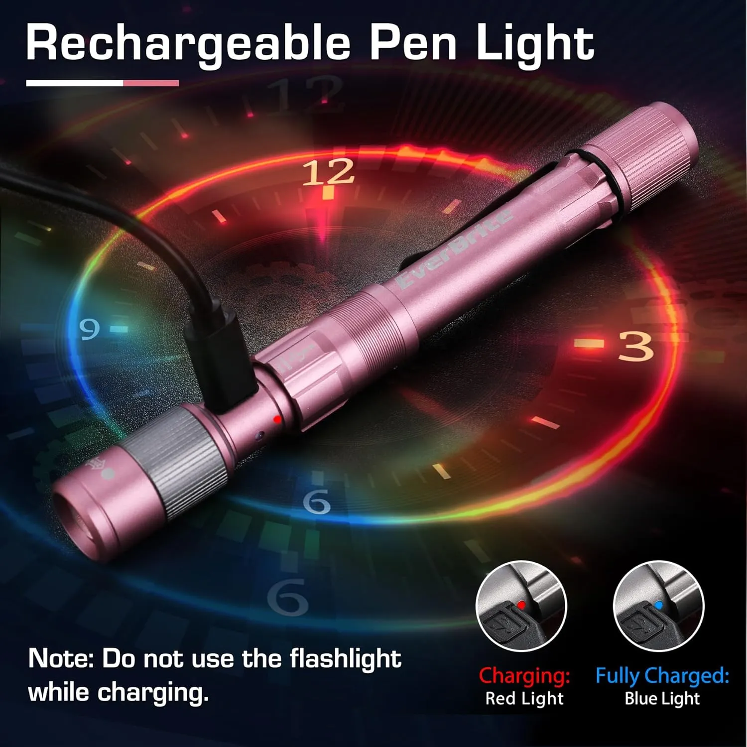 EverBrite Pen Light, Rechargeable Pen Flashlights, 300 Lumens Zoomable LED Small Flashlight with Clip, Memory Function, USB-C Cable Included, Pocket Size for Camping, Emergency, Mechanic, Pink