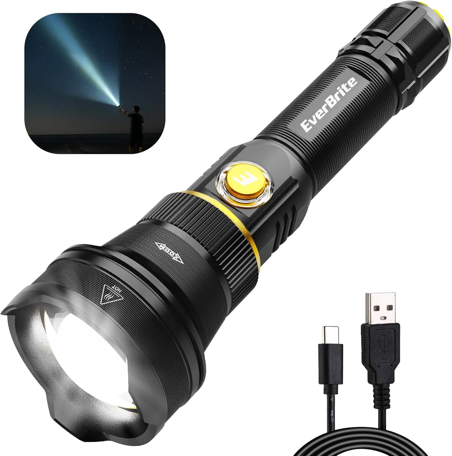 EverBrite Rechargeable Flashlight, 1000 Lumens Zoomable LED Tactical Flashlight with 4 Modes & Memory Function, Including Safety Hammer & USB C Cable for Camping, Hiking, Home, and Emergencies