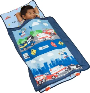 EVERYDAY KIDS Toddler Nap Mat with Removable Pillow -Fire Police Rescue- Carry Handle Fastening Straps Closure, Rollup Design, Soft Microfiber for Preschool, Daycare, Sleeping Bag -Ages 2-6 years