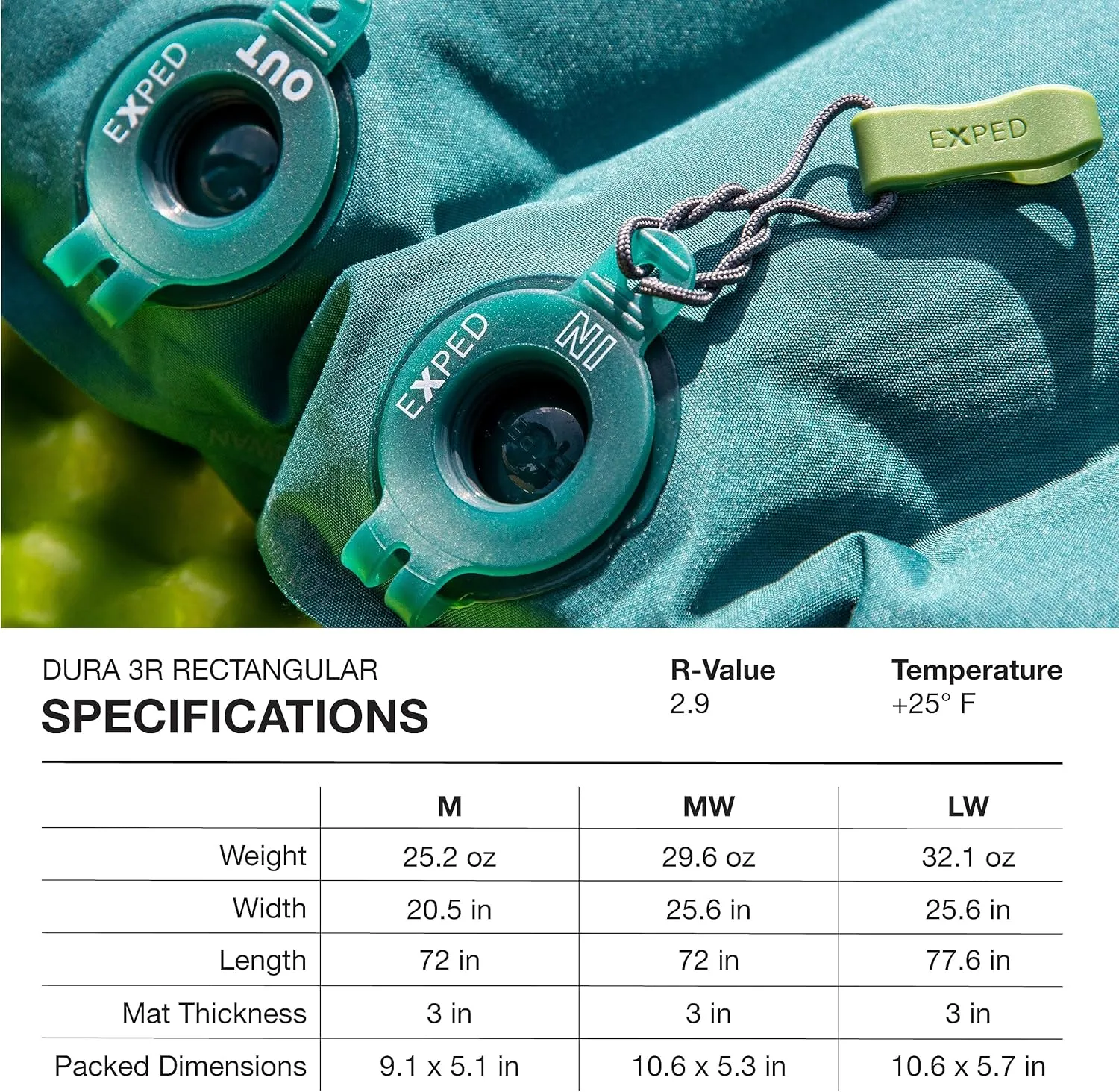 Exped Dura 3R | Abrasion Resistant | Insulated and Comfortable | 25 Degree Sleeping Pad, Cypress, Medium Wide