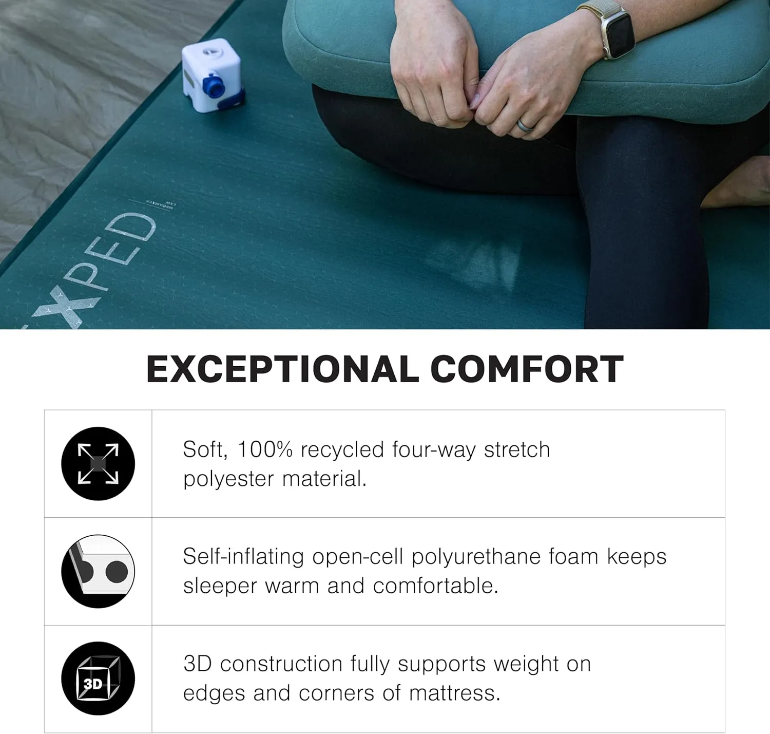 Exped MegaMat Long X-Wide - Self Inflating Soft Car Sleeping Mat, 4” Foam Pad, Pump Included