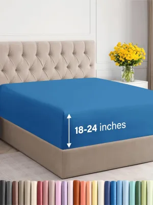 Extra Deep Queen Fitted Sheet - Hotel Luxury Single Fitted Sheet Only - Easily Fits 18 inch to 24 inch Mattress - Ultra Soft, Wrinkle & Fade Free w/Extra Deep Pocket - Breathable & Comfy - Royal Blue