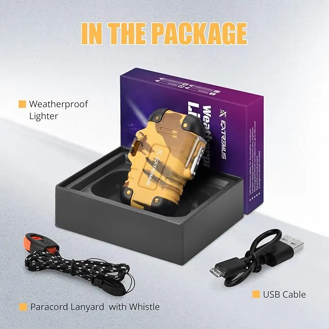 Extremus Blaze 360 Rechargeable Electric Lighters, Dual Arc Lighter, Windproof Plasma Lighter, Waterproof Flashlight Lighter, Flameless Lighter with Whistle Lanyard for Camping (Gold)