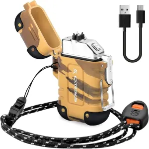 Extremus Blaze 360 Rechargeable Electric Lighters, Dual Arc Lighter, Windproof Plasma Lighter, Waterproof Flashlight Lighter, Flameless Lighter with Whistle Lanyard for Camping (Gold)