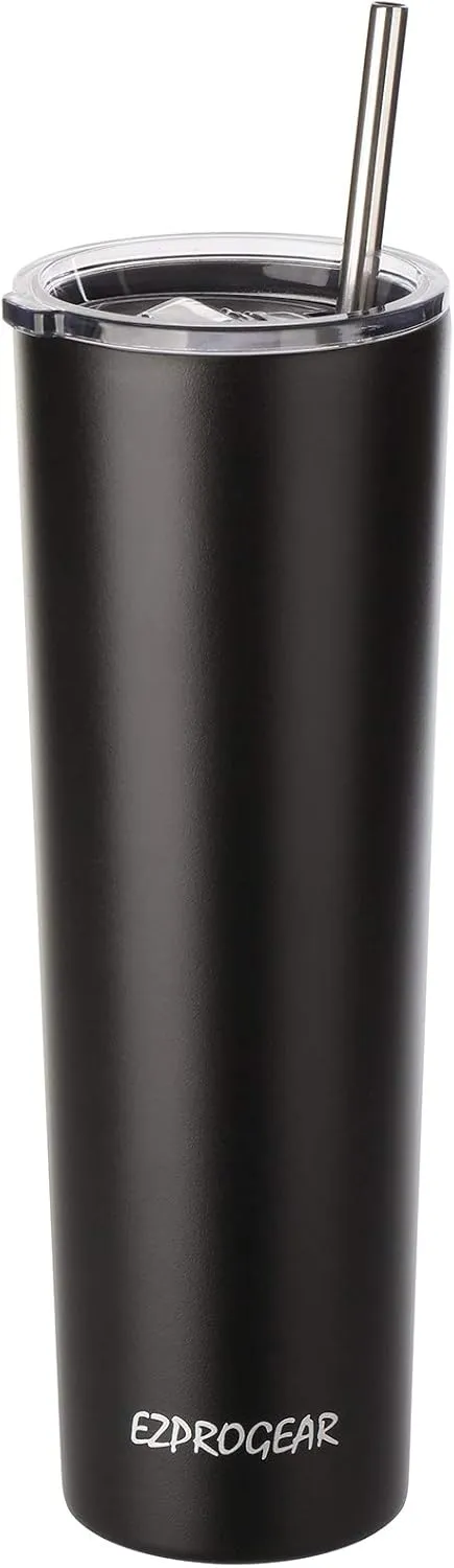 Ezprogear 34 oz Black Stainless Steel Slim Skinny Tumbler Vacuum Insulated with Straw (34 oz, Black)