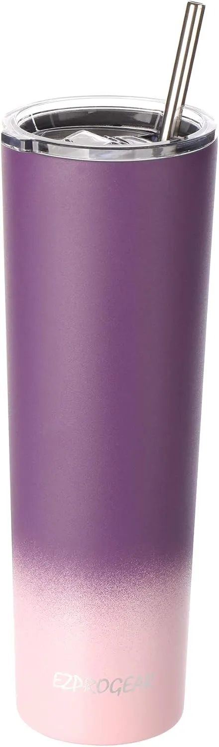 Ezprogear 34 oz Stainless Steel Slim Skinny Tumbler Purple Grape/Pink Carnation Water Cup Vacuum Insulated with Straw (34 oz, 1x Grape/Carnation, 8 Piece Set)