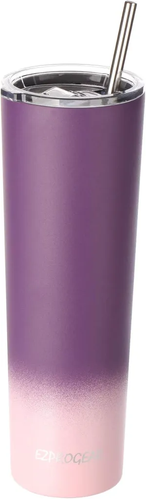Ezprogear 34 oz Stainless Steel Slim Skinny Tumbler Purple Grape/Pink Carnation Water Cup Vacuum Insulated with Straw (34 oz, 1x Grape/Carnation, 8 Piece Set)