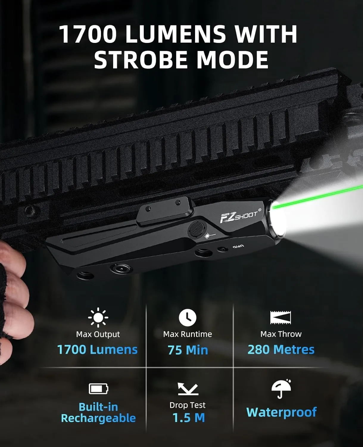 EZshoot 1700 Lumens Tactical Laser Light Combo for Rifle with Magnetic Rechargeable, AR Laser Light Combo Compatible with Picatinny Rail and M-Rail, Rifle Flashlight for Home Defense, Hunting