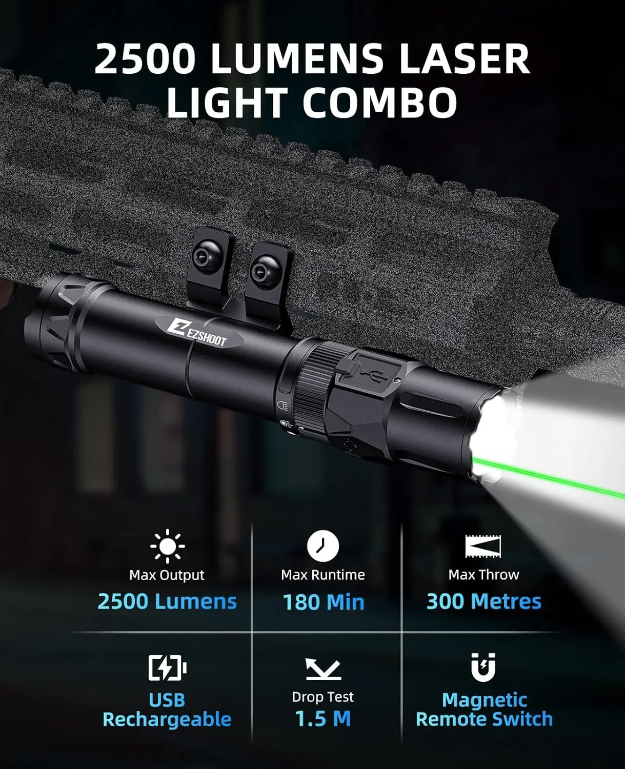 EZshoot 2500 Lumens Rifle Laser Light Combo with Magnetic Remote Pressure Switch, Rechargeable Rifle Flashlight Compatible with M-Rail, Tactical Ar Flashlight with Green Laser Beam