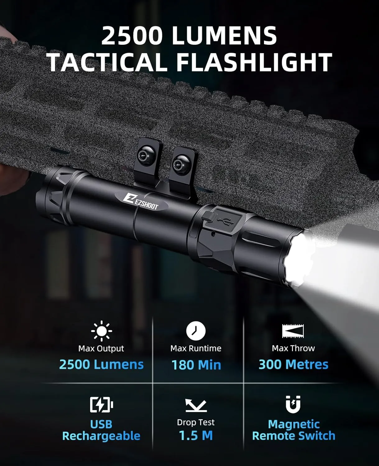 EZshoot 2500 Lumens Rifle Light with Magnetic Remote Pressure Switch, Rechargeable Rifle Flashlight Compatible with M-Rail, Tactical Ar Flashlight with Strobe Mode for Home Defence and Hunting