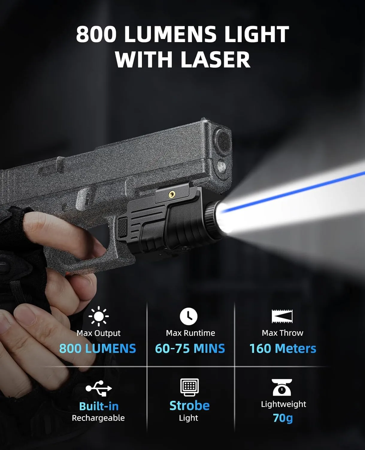 EZshoot 800 Lumens Pistol Light Laser Combo Rechargeable, Compact Pistol Flashlight with Slidable Rail Compatible with Glock and Picatinny Rail, Tactical Flashlight with Blue Laser Beam