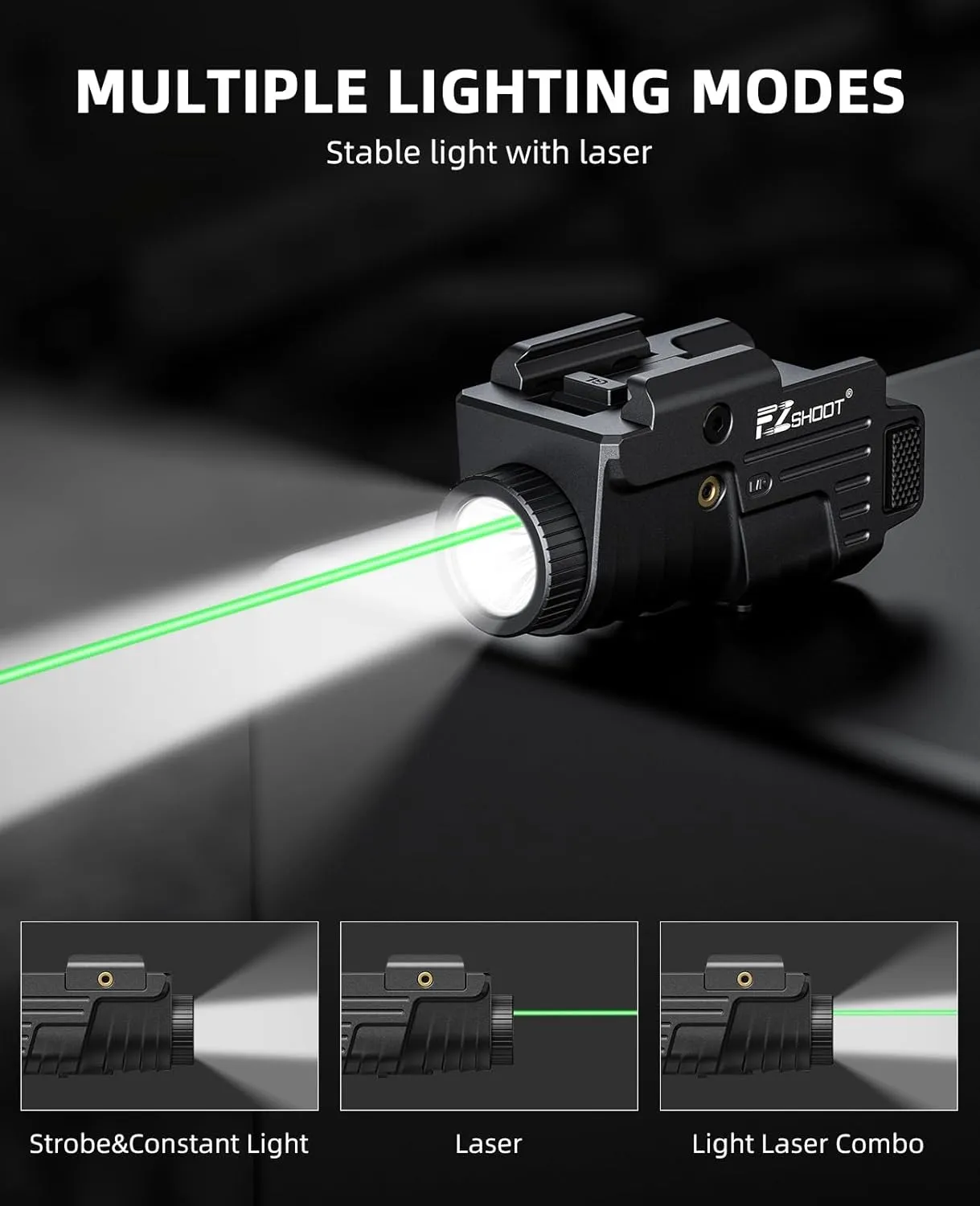 EZshoot 800 Lumens Pistol Light Laser Combo Rechargeable, Compact Pistol Flashlight with Slidable Rail Compatible with Glock and Picatinny Rail, Tactical Flashlight with Green Laser Beam