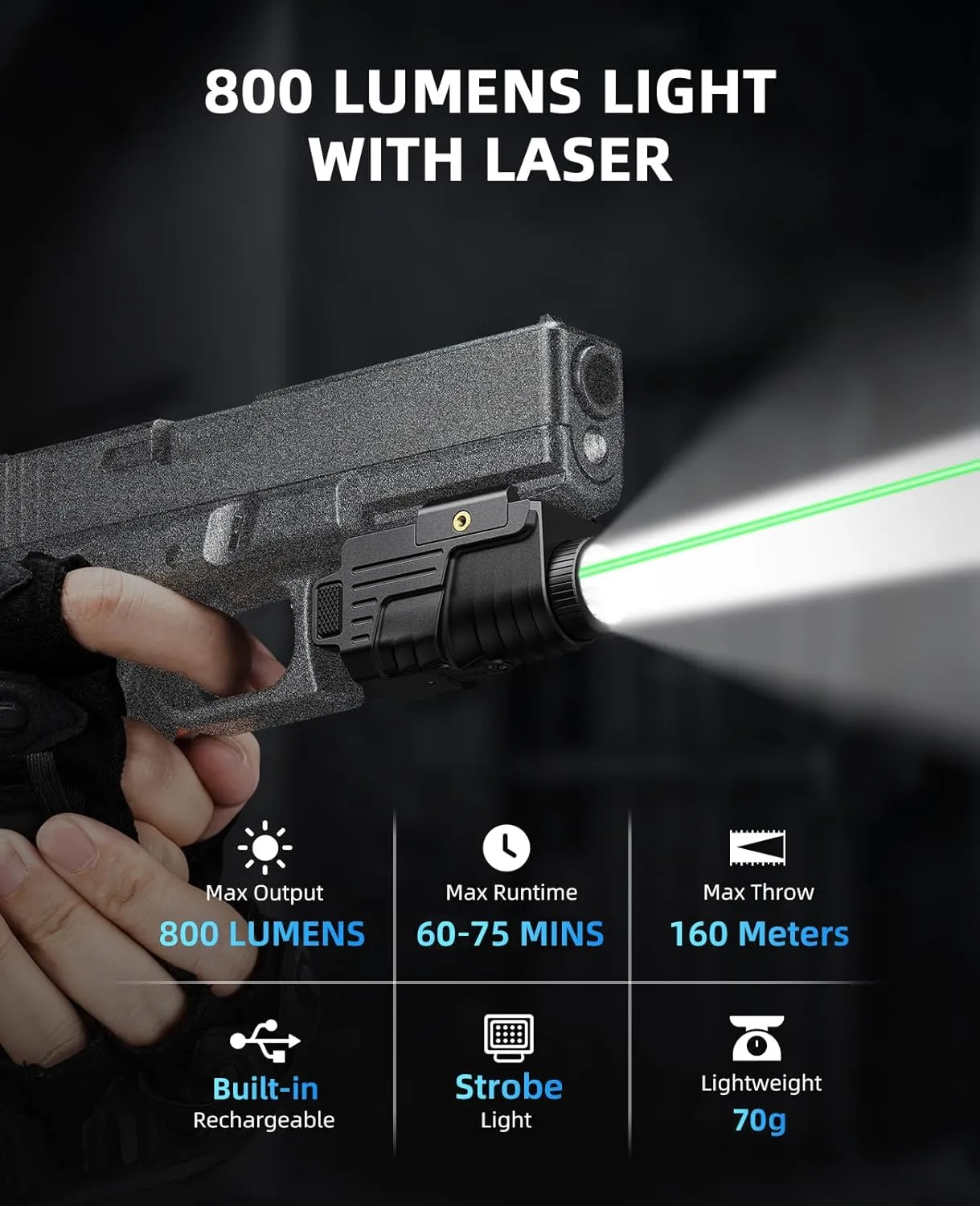 EZshoot 800 Lumens Pistol Light Laser Combo Rechargeable, Compact Pistol Flashlight with Slidable Rail Compatible with Glock and Picatinny Rail, Tactical Flashlight with Green Laser Beam