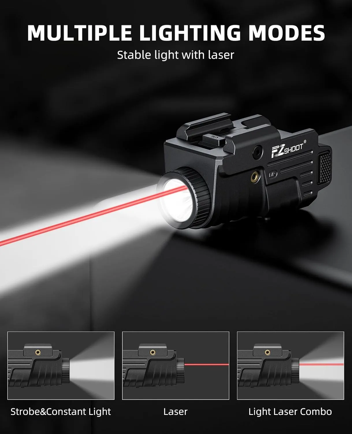 EZshoot 800 Lumens Pistol Light Laser Combo Rechargeable, Compact Pistol Flashlight with Slidable Rail Compatible with Glock and Picatinny Rail, Tactical Flashlight with Red Laser Beam
