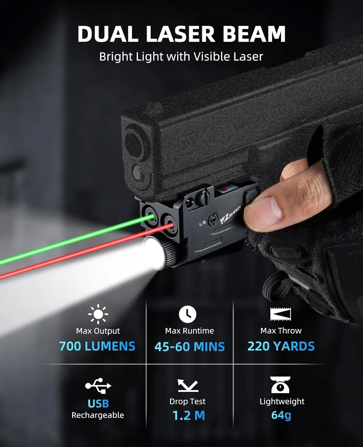 EZshoot Dual Laser Beam for Gun, 700 Lumens Pistols Light Compatible with Glock Beam for Gun, Rechargeable Compact Red Green Tactical Laser Light Combo