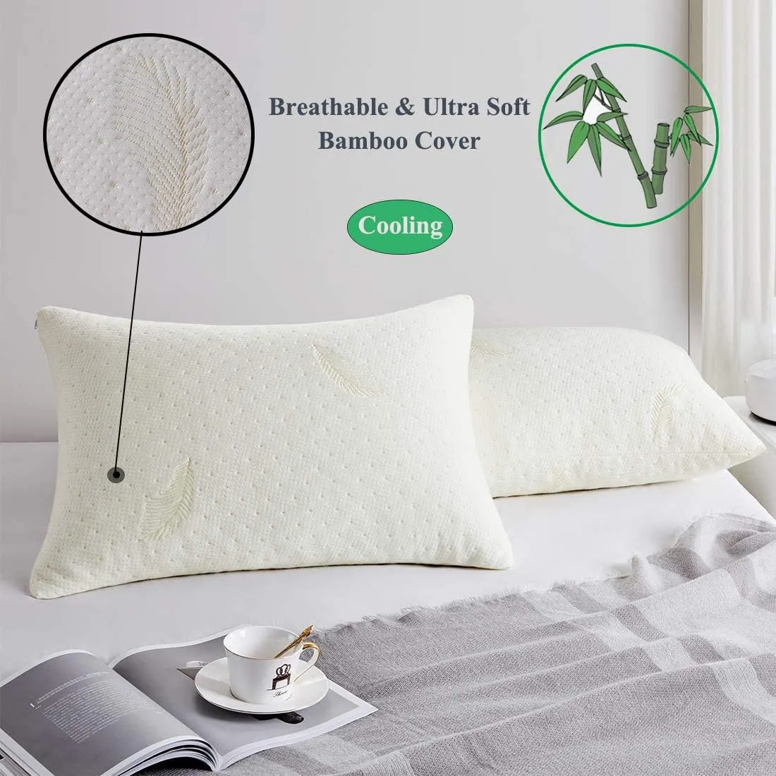 Favorland Memory Foam Pillow Standard Size, Breathable Cooling Shredded Memory Foam Bed Pillow with Zipper Removable and Washable Derived Rayon Cover White