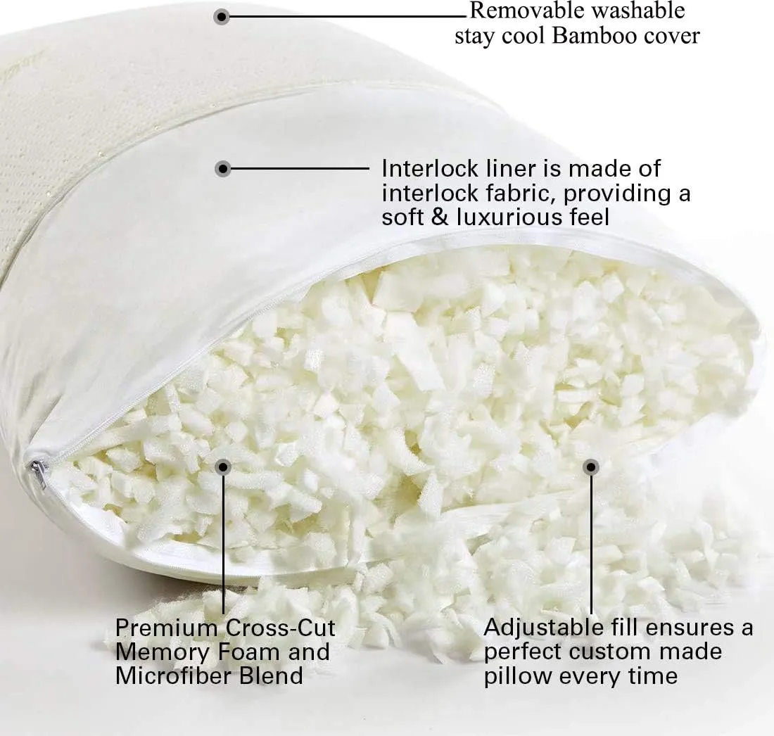 Favorland Memory Foam Pillow Standard Size, Breathable Cooling Shredded Memory Foam Bed Pillow with Zipper Removable and Washable Derived Rayon Cover White