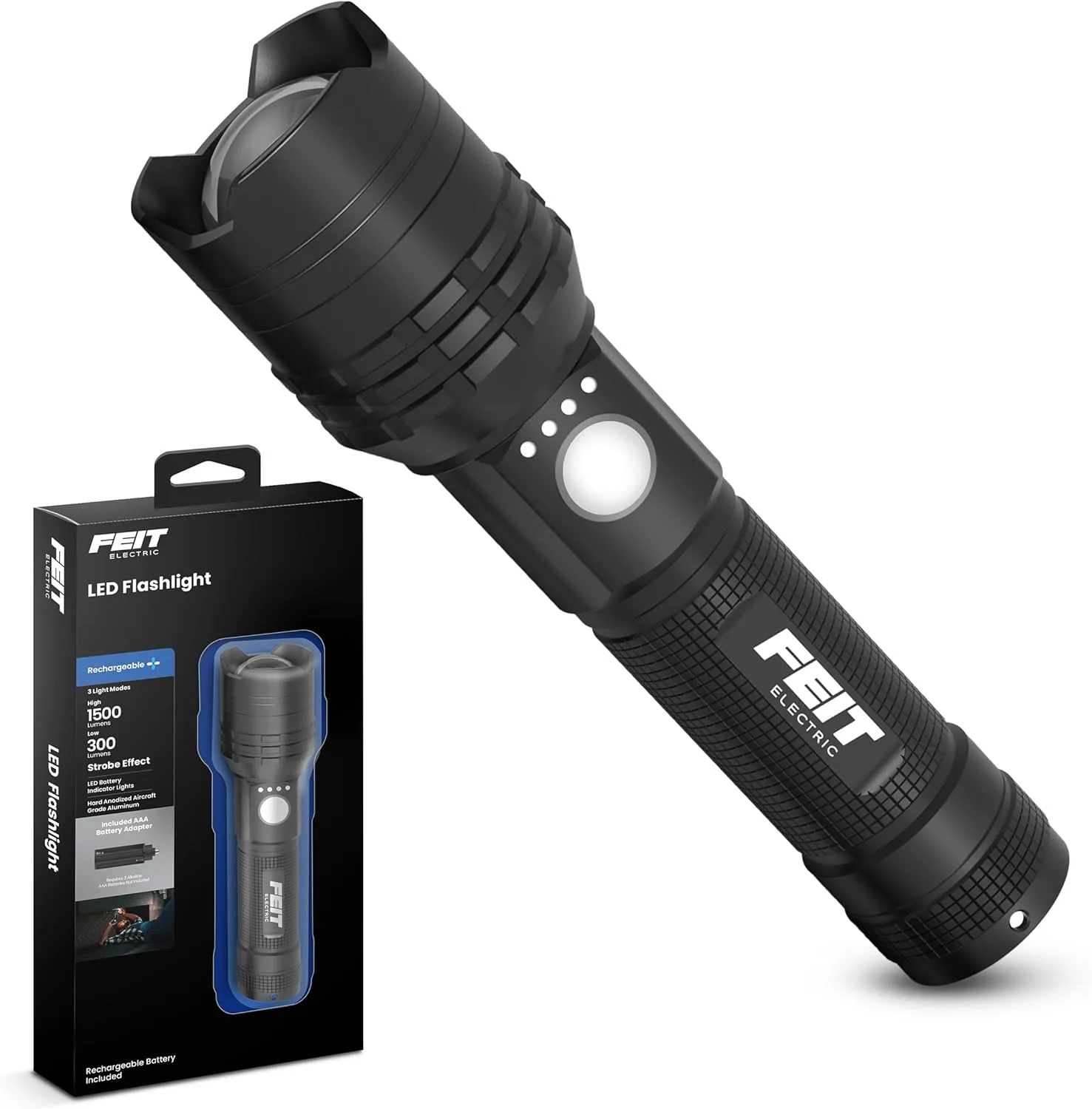 Feit Electric 6in Flex Power Flashlight, 1500 Lumens, Rechargeable & AAA Battery Compatible, USB-C Charging, Adjustable Beam, Aircraft-Grade Aluminum, Emergency Glass Breaker Bezel, FLR1500/FLEX
