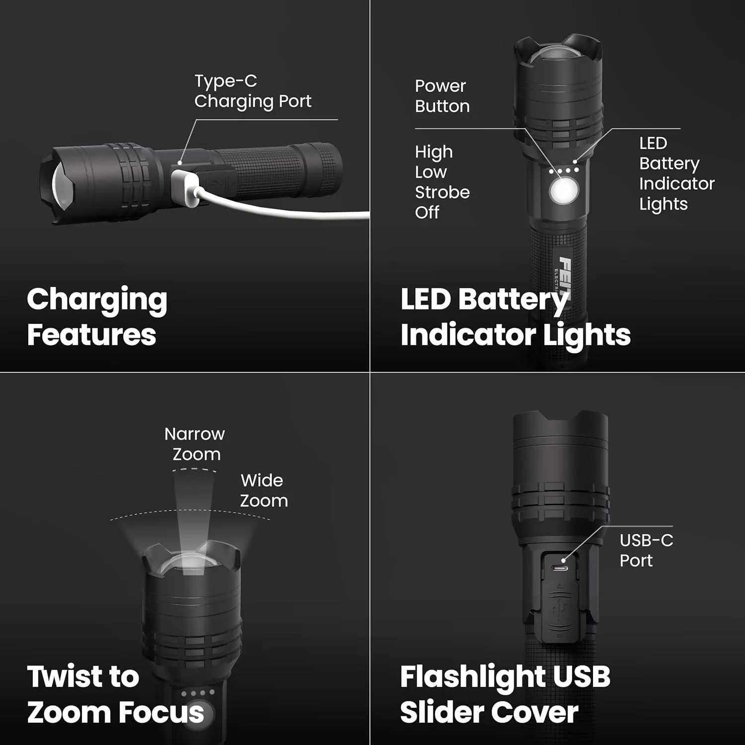 Feit Electric Flex Power Flashlight, 800 Lumens, Rechargeable & AAA Battery Compatible, Aircraft-Grade Aluminum, USB-C Charging, Adjustable Beam, Emergency Glass Breaker Bezel, FLR800/FLEX