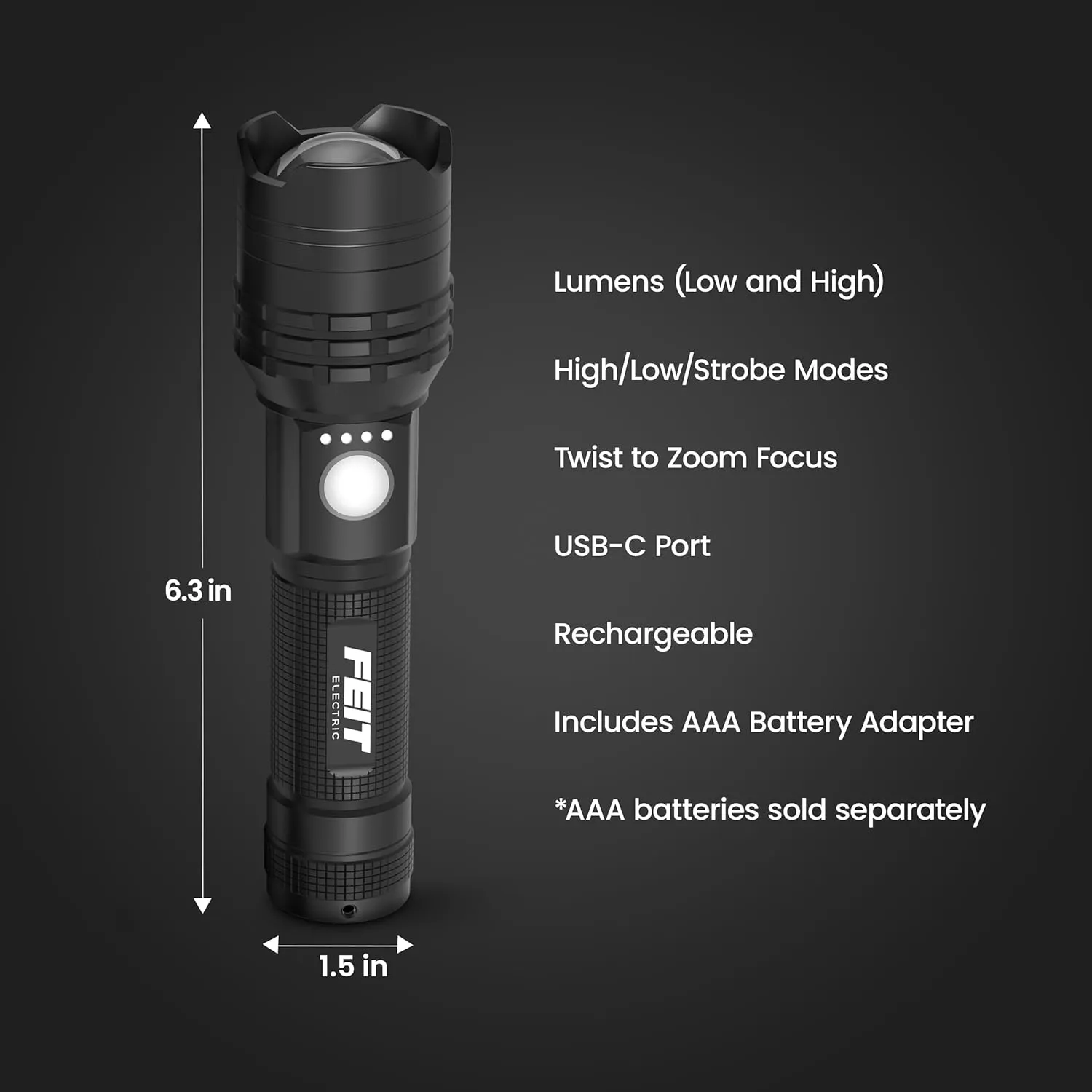 Feit Electric Flex Power Flashlight, 800 Lumens, Rechargeable & AAA Battery Compatible, Aircraft-Grade Aluminum, USB-C Charging, Adjustable Beam, Emergency Glass Breaker Bezel, FLR800/FLEX