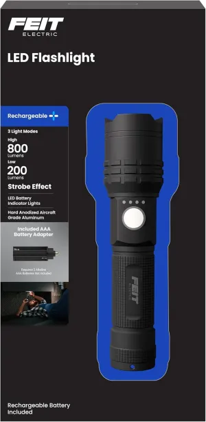 Feit Electric Flex Power Flashlight, 800 Lumens, Rechargeable & AAA Battery Compatible, Aircraft-Grade Aluminum, USB-C Charging, Adjustable Beam, Emergency Glass Breaker Bezel, FLR800/FLEX