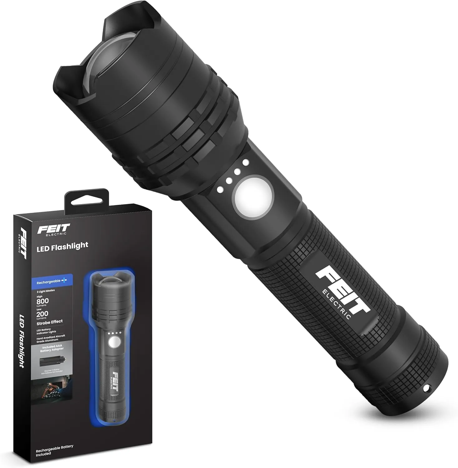 Feit Electric Flex Power Flashlight, 800 Lumens, Rechargeable & AAA Battery Compatible, Aircraft-Grade Aluminum, USB-C Charging, Adjustable Beam, Emergency Glass Breaker Bezel, FLR800/FLEX