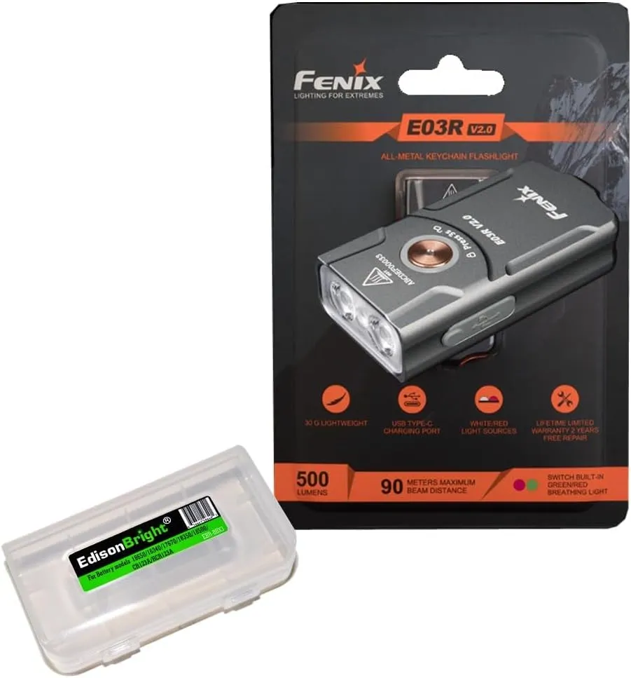 Fenix E03R V2 500 Lumen USB Rechargeable LED Keychain Flashlight, EdisonBright Accessory case Bundle (Grey)