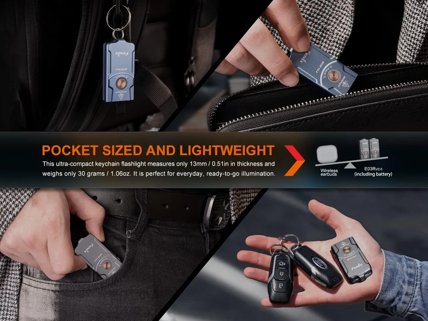 Fenix E03R v2.0 Keychain Flashlight, Blue, 500 Lumen Bright USB-C Rechargeable EDC with Red LED and Organizer