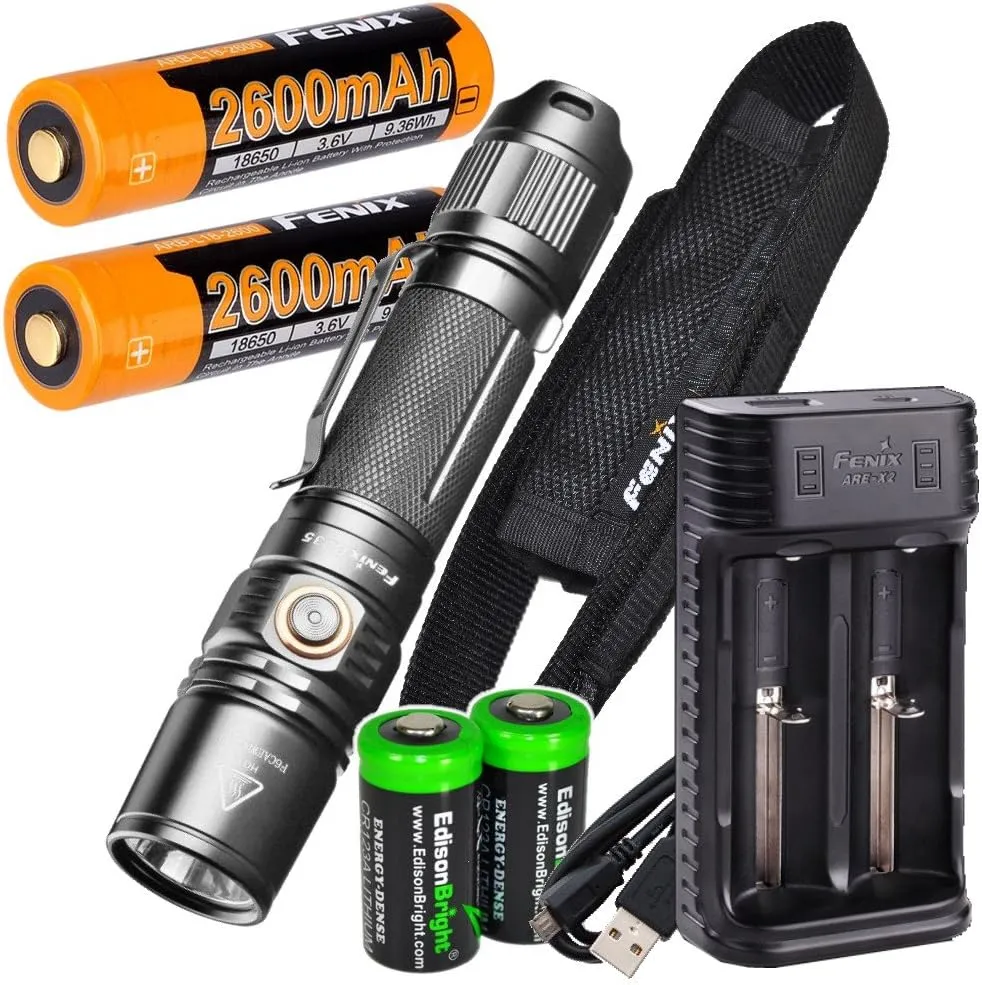 Fenix PD35 V2.0 1000 Lumen Tactical Flashlight with 2 X Rechargeable Batteries, are-X2 Charger and 2 X EdisonBright CR123A Batteries