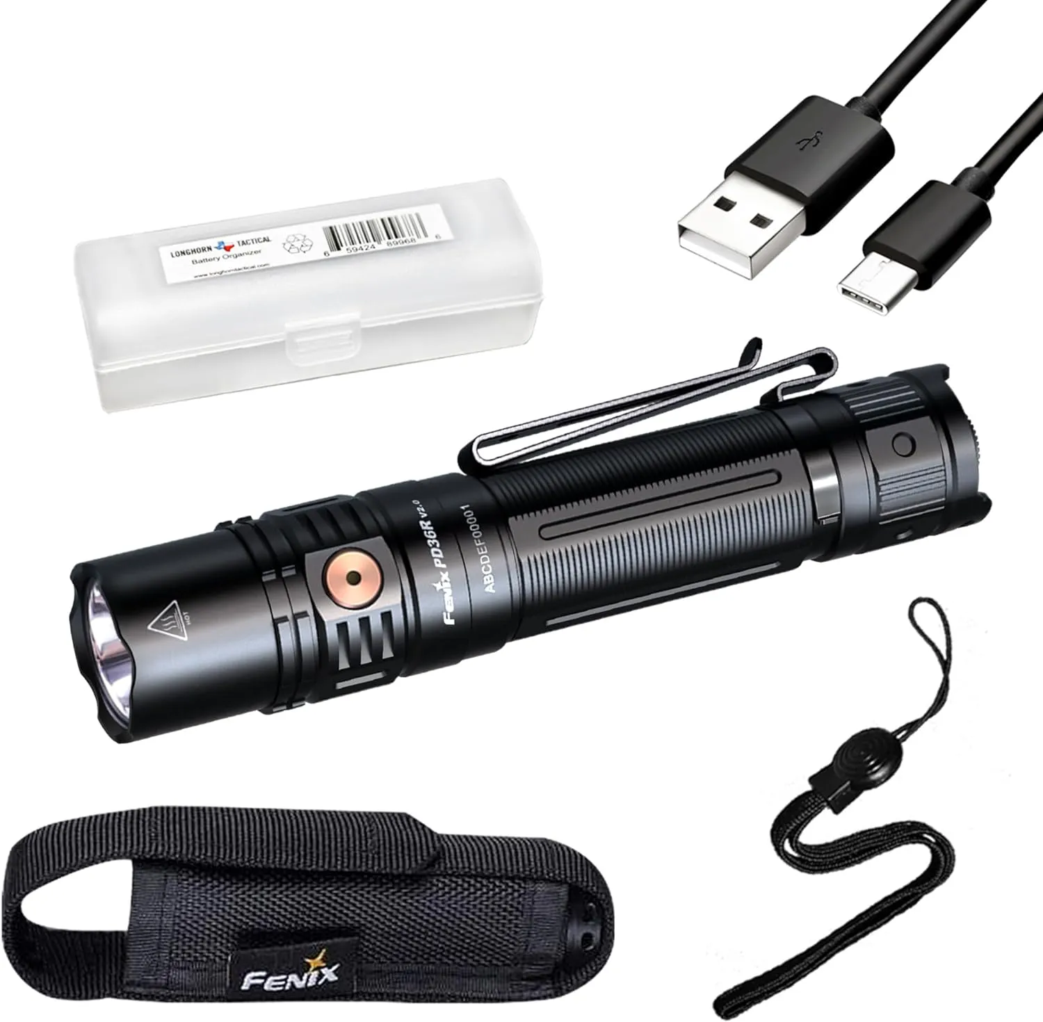 Fenix PD36R V2.0 1700 Lumen Rechargeable Flashlight, USB-C Tactical Duty Light with Battery, and LumenTac Organizer