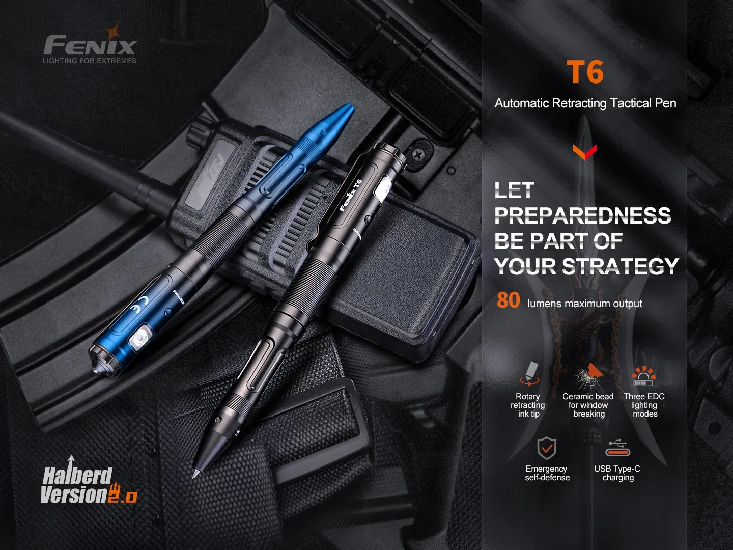 FENIX T6 Tactical Pen with LED Flashlight - Black