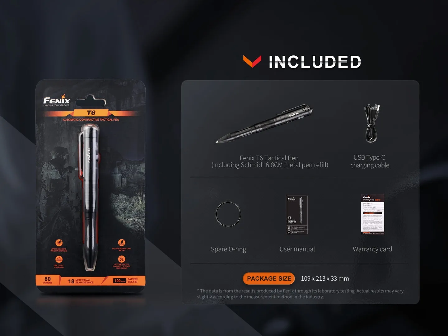 FENIX T6 Tactical Pen with LED Flashlight - Black