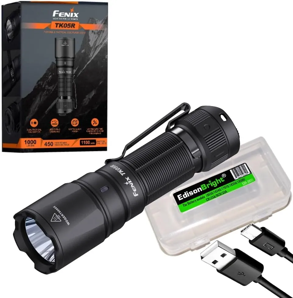 Fenix TK05R 1000 Lumen Rechargeable LED Compact Tactical Flashlight with EdisonBright Accessory case Bundle