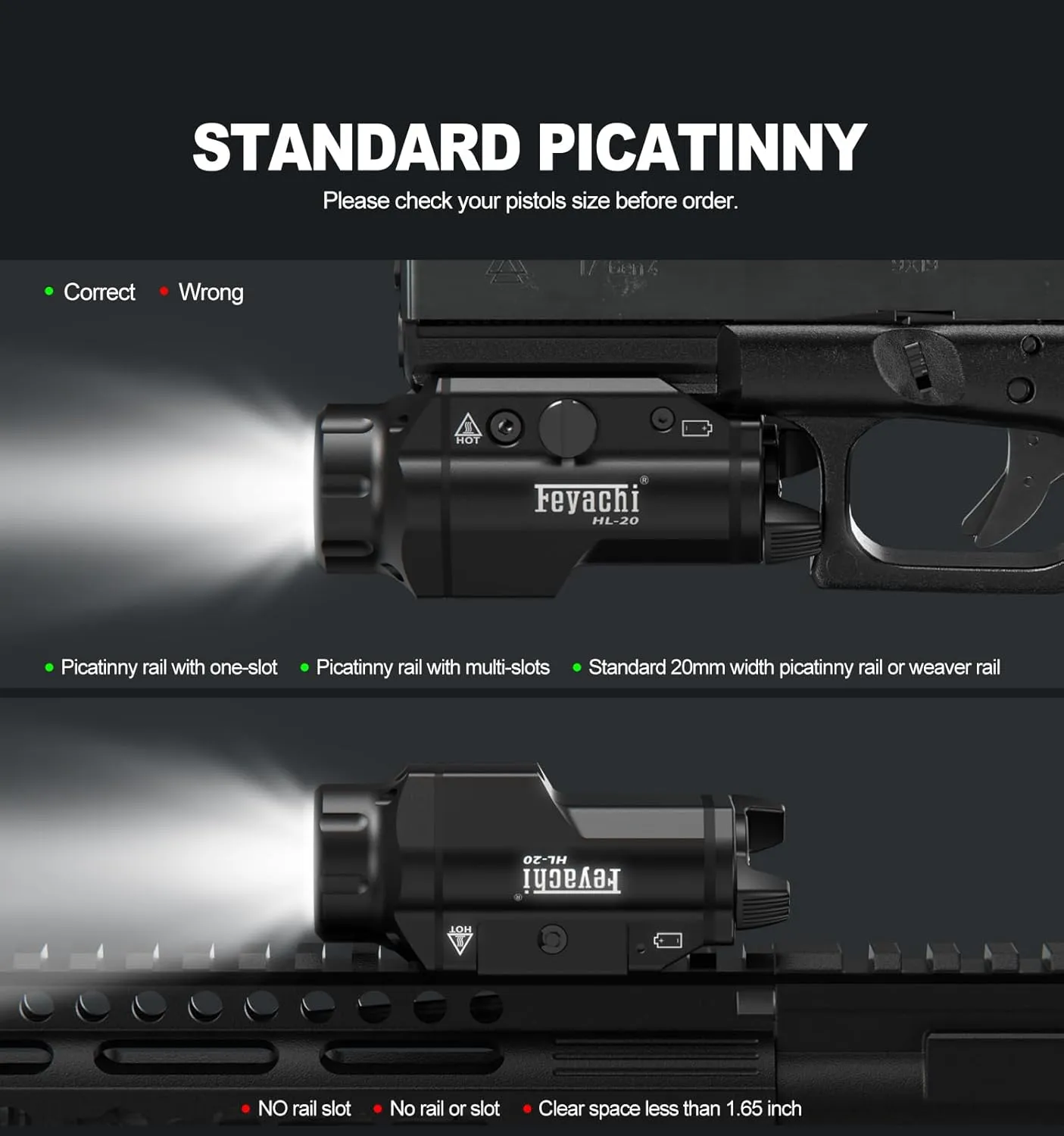 Feyachi HL-20 Pistol Light 1500 Lumen Upgrade LED Weapon Light Compact Rail Mounted Handgun Tactical Flashlight Rail Locating Keys for Picatinny, Black
