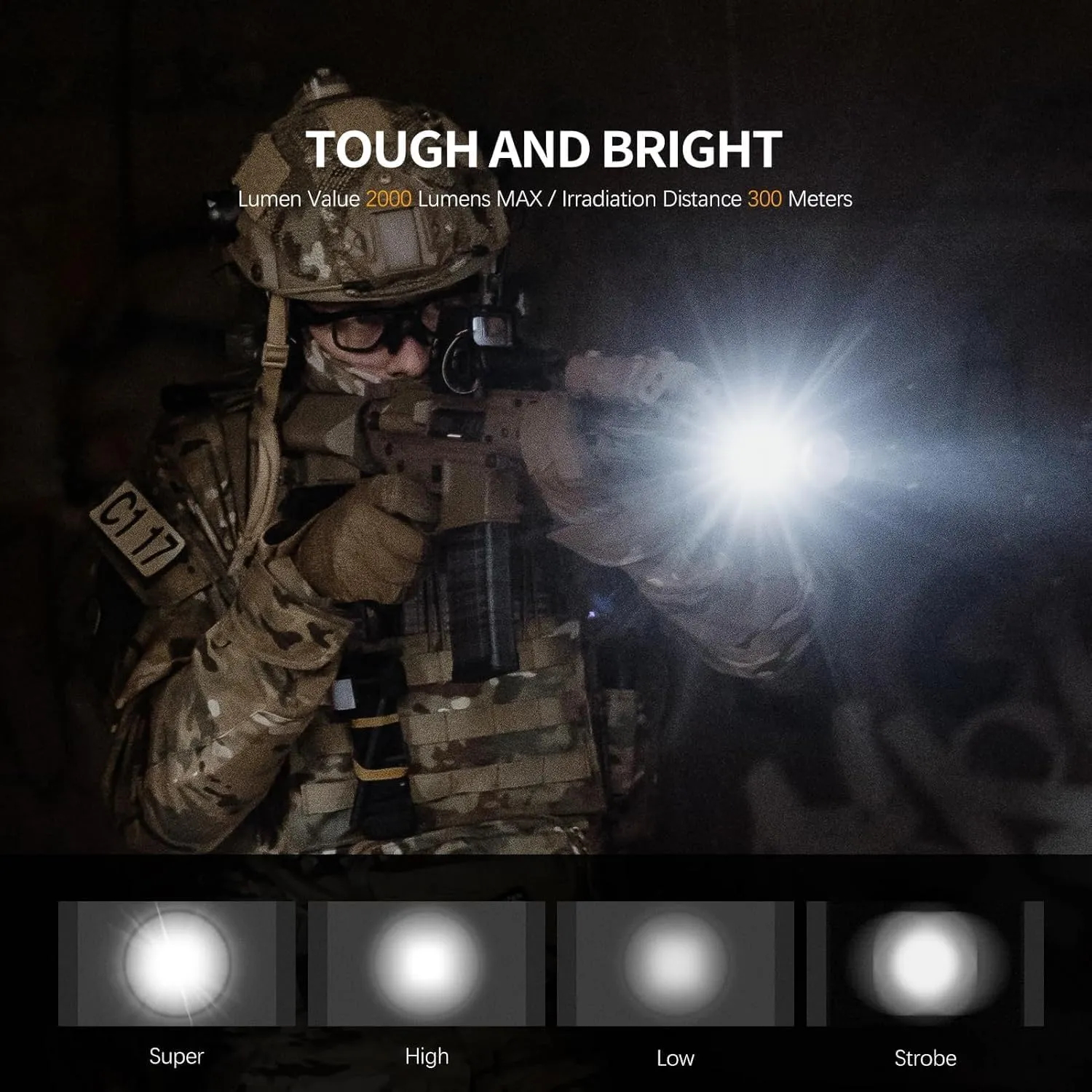 Feyachi Rechargeable Flashlight 2000 Lumen, USB-C Tactical Light with Adjustable Focus, 4 Modes (Ultra/High/Low/Strobe), IPX7 Waterproof, Includes Pressure Switch & Picatinny Mount