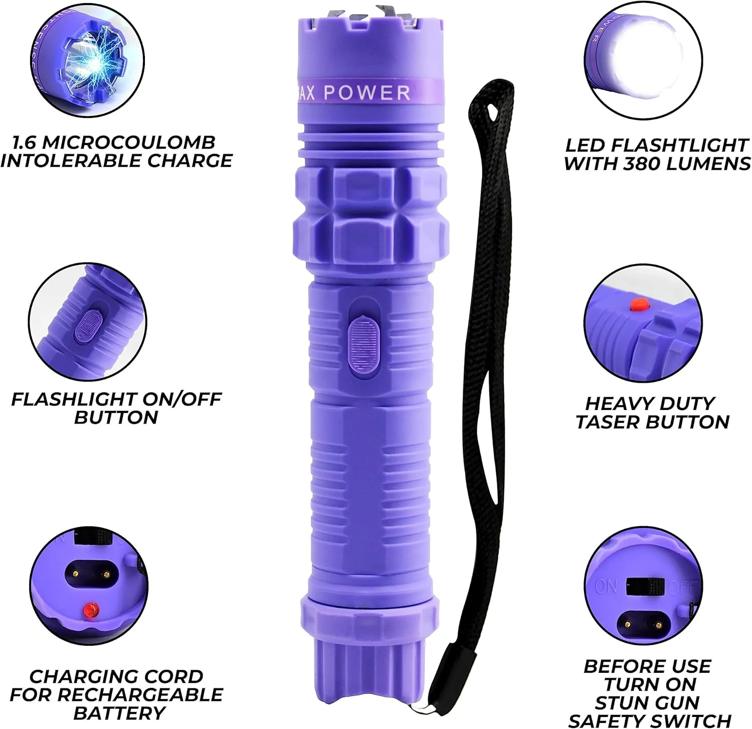 Fightsense LED Tactical Flashlight Stun Gun Pepper Spray Combo Pack for Women self Defense Purple