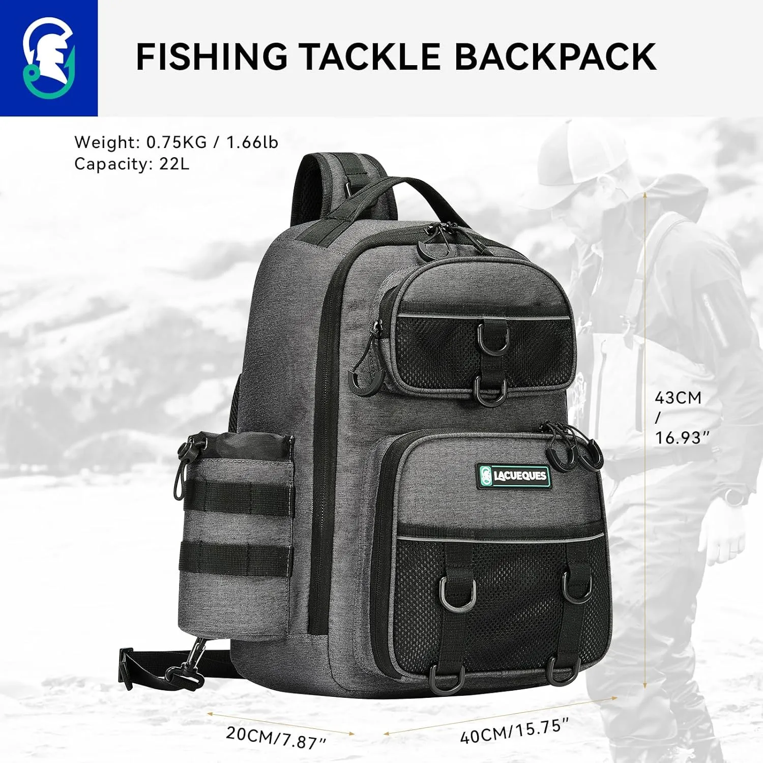 Fishing Tackle Bag Professional Fly Sling Fishing Bag, Fishing Crossbody Backpack 22L – Multi-Hook Design, Rod Holder, Insulated Cup Pocket, 3x3700 Tackle Box Capacity