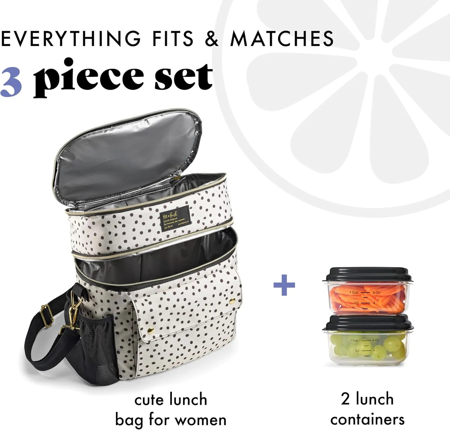 Fit & Fresh Dual Compartment Lunch Bag For Women, Insulated Extra Large Meal Prep Lunch Bag For Women With Matching Containers, Front Pocket, Adjustable Strap, Westminster Lunch Bag, Black & White Dot