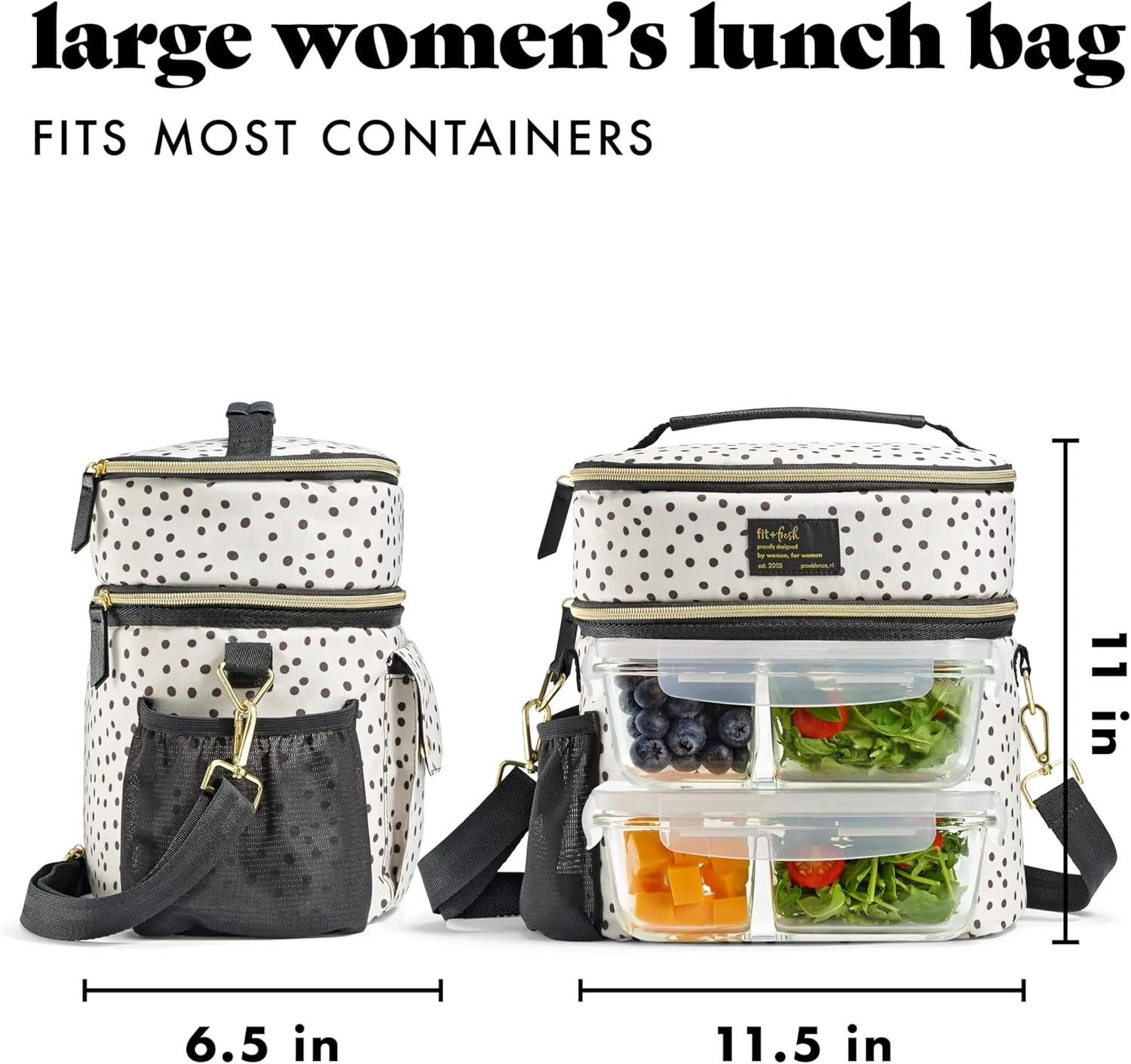 Fit & Fresh Dual Compartment Lunch Bag For Women, Insulated Extra Large Meal Prep Lunch Bag For Women With Matching Containers, Front Pocket, Adjustable Strap, Westminster Lunch Bag, Black & White Dot
