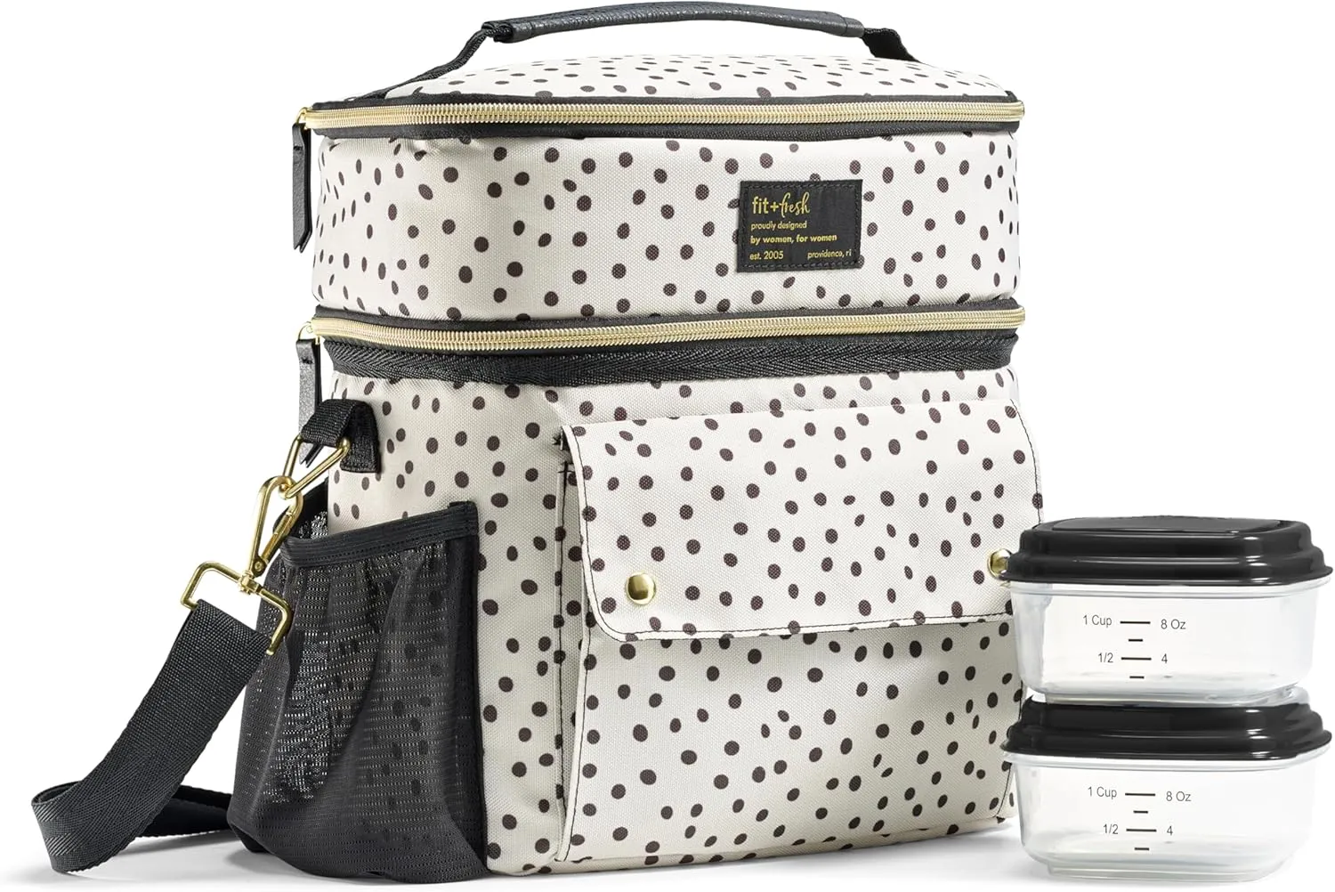 Fit & Fresh Dual Compartment Lunch Bag For Women, Insulated Extra Large Meal Prep Lunch Bag For Women With Matching Containers, Front Pocket, Adjustable Strap, Westminster Lunch Bag, Black & White Dot