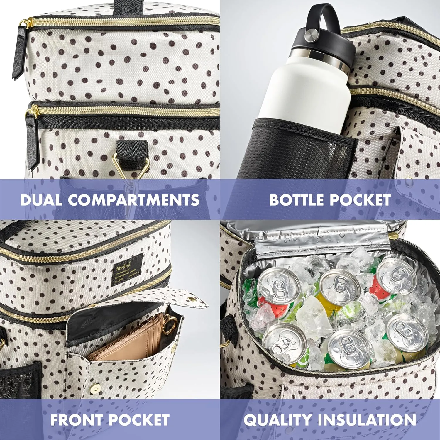 Fit & Fresh Dual Compartment Lunch Bag For Women, Insulated Extra Large Meal Prep Lunch Bag For Women With Matching Containers, Front Pocket, Adjustable Strap, Westminster Lunch Bag, Black & White Dot