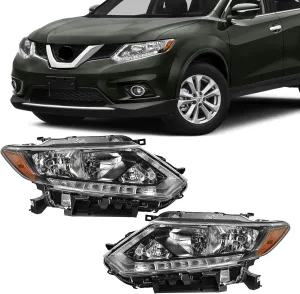 Fit for 2014-2016 Nissan Rogue Headlights Assembly Halogen Headlamp with LED DRL Black&Chrome Housing Amber Reflector Replacement Left & Right Side (without Bulbs)