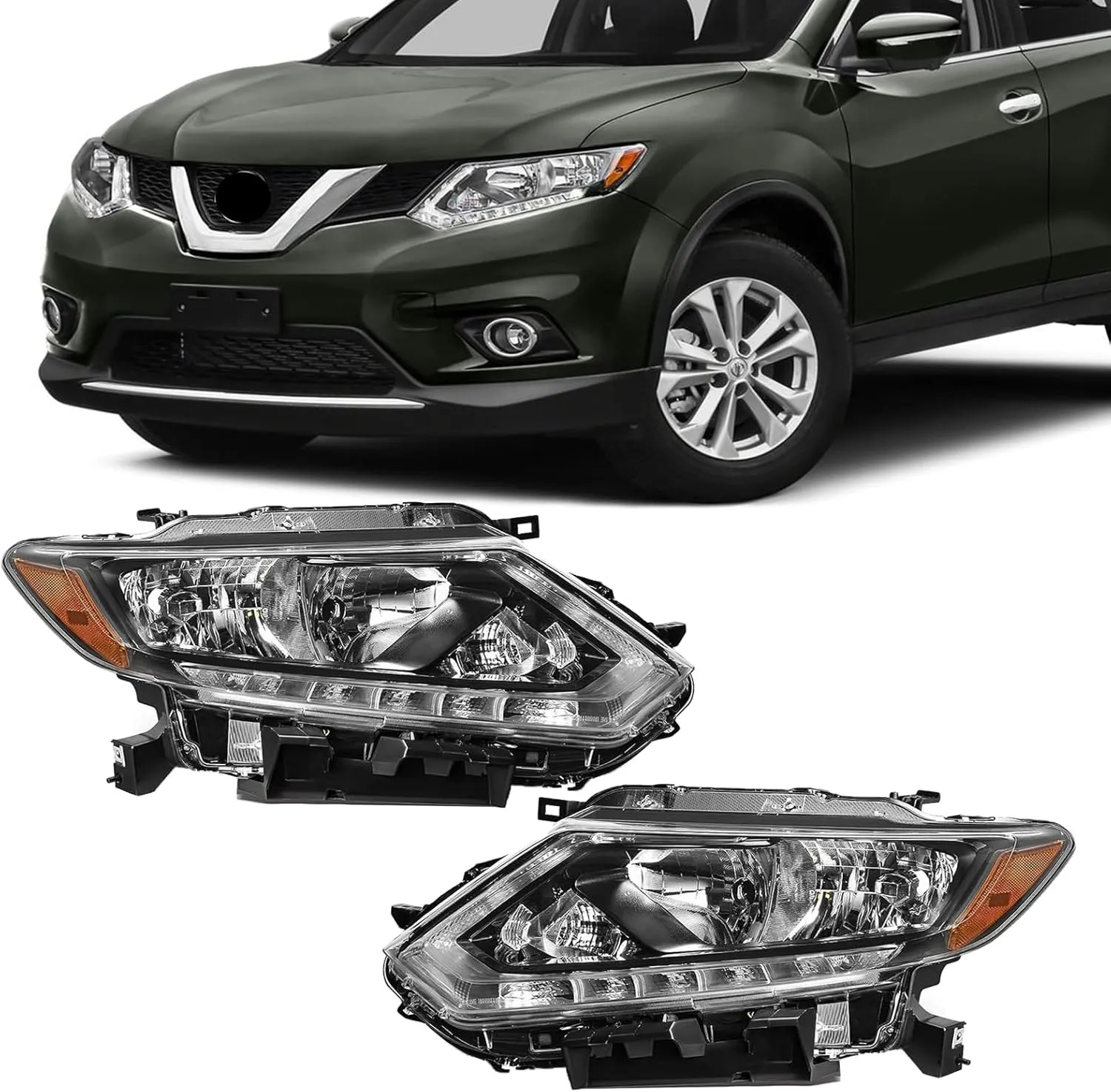 Fit for 2014-2016 Nissan Rogue Headlights Assembly Halogen Headlamp with LED DRL Black&Chrome Housing Amber Reflector Replacement Left & Right Side (without Bulbs)