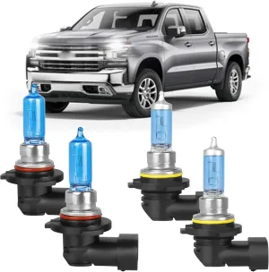 Fit for Chevy Silverado 1500 2500HD 3500HD 1998 1999 2000 2001 2002 2003 2004 2005 2006 High Performance Halogen Headlight Bulbs,9005 High Beam   9006 Low Beam Headlamp Replacement Bulbs Kit,Pack of 4