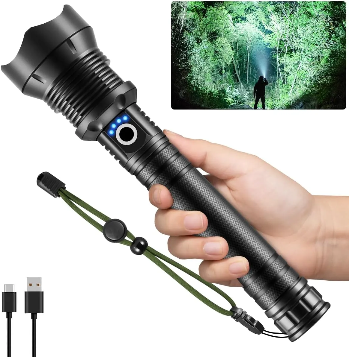 Flashlights High Lumen Rechargeable, Heavy Duty Rechargeable Flashlights, Adjustable Focus Tactical Flashlight with 5 Modes, Super Bright Flashlight for Home Camping