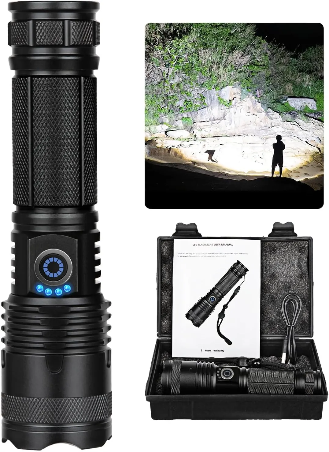 Flashlights High Lumens, 990000 Lumens LED Flashlight Rechargeable, 5 Modes, Adjustable Beam & 12H Running Time, Powerful and Bright Flash Light for Home/Camping, IPX6 Waterproof
